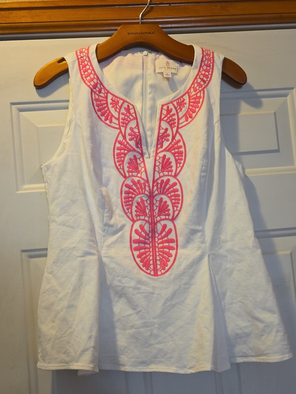 Julie Brown NYC White Sleeveless Tunic with Bright Pink Embroidered Placket